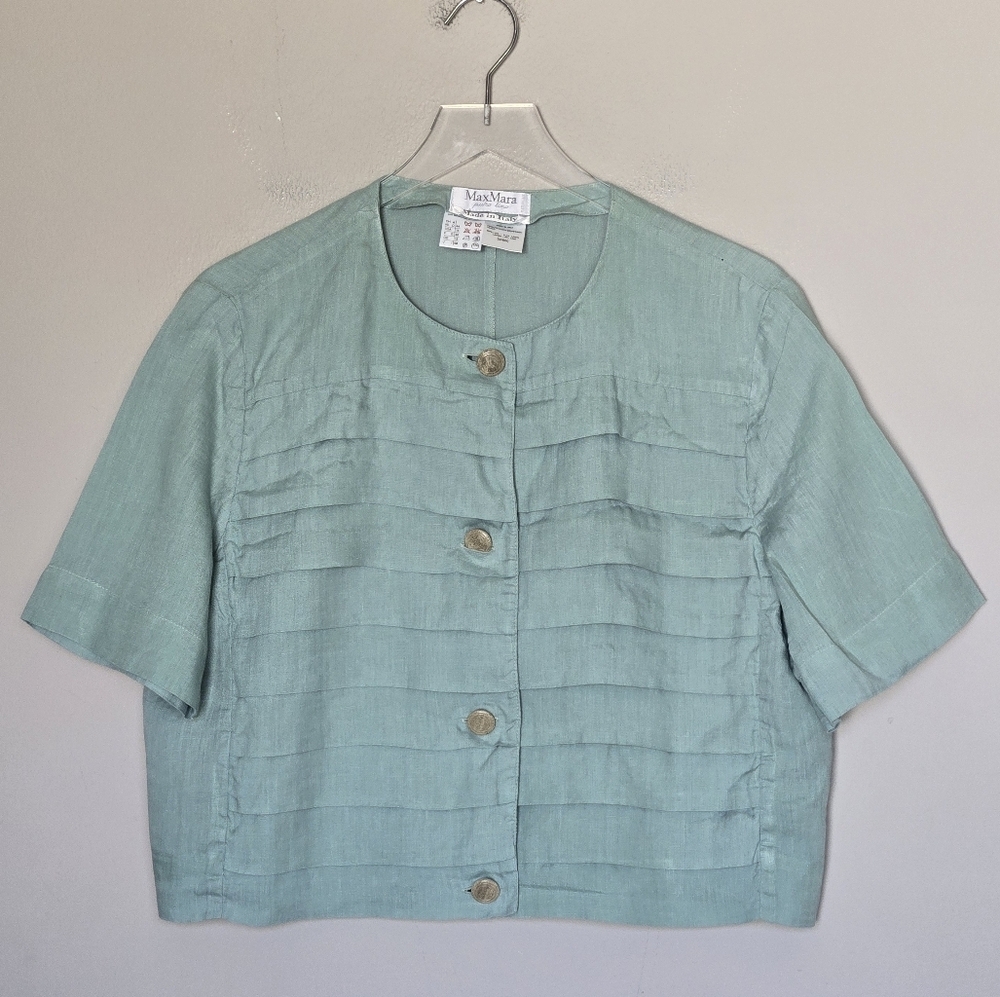 MaxMara Light Aqua Short-Sleeve Linen Jacket